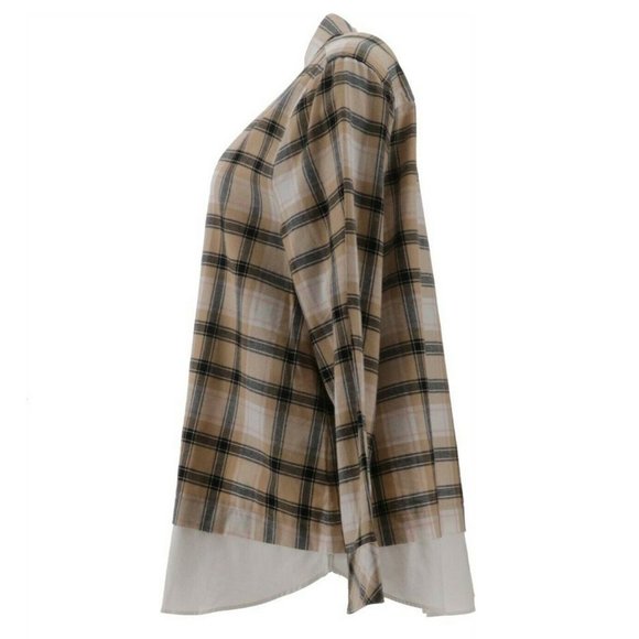 Isaac Mizrahi Live! Plus 22 Plaid Button Front Layered Shirt Neutral Tan 22W - Picture 8 of 9